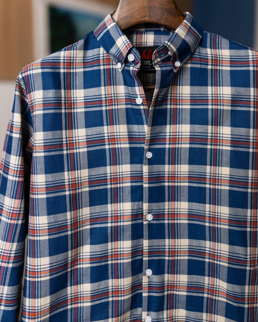 Navy With Light Red & Off white Plaid Shirt