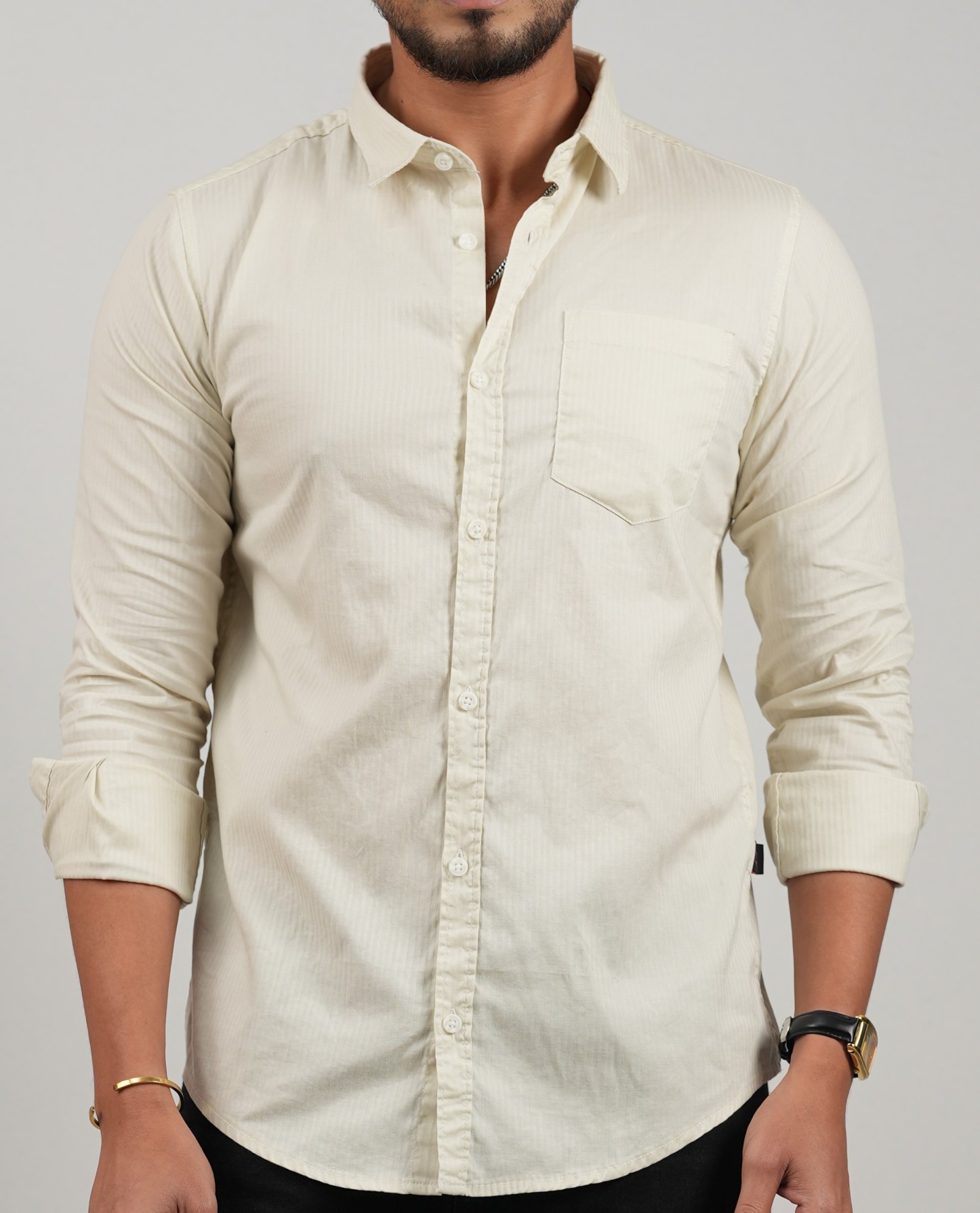 Off White Solid Stripes Shirt