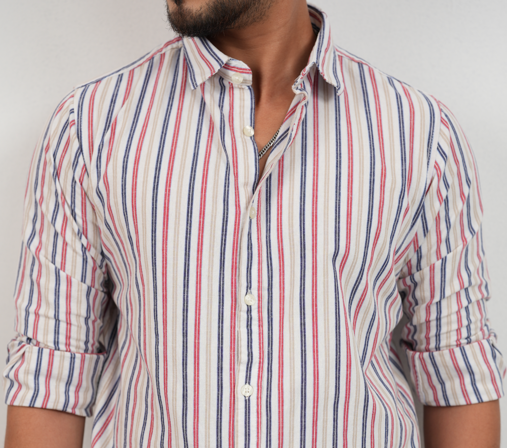 White With Red, Navy And Light Brown Stripes Shirt