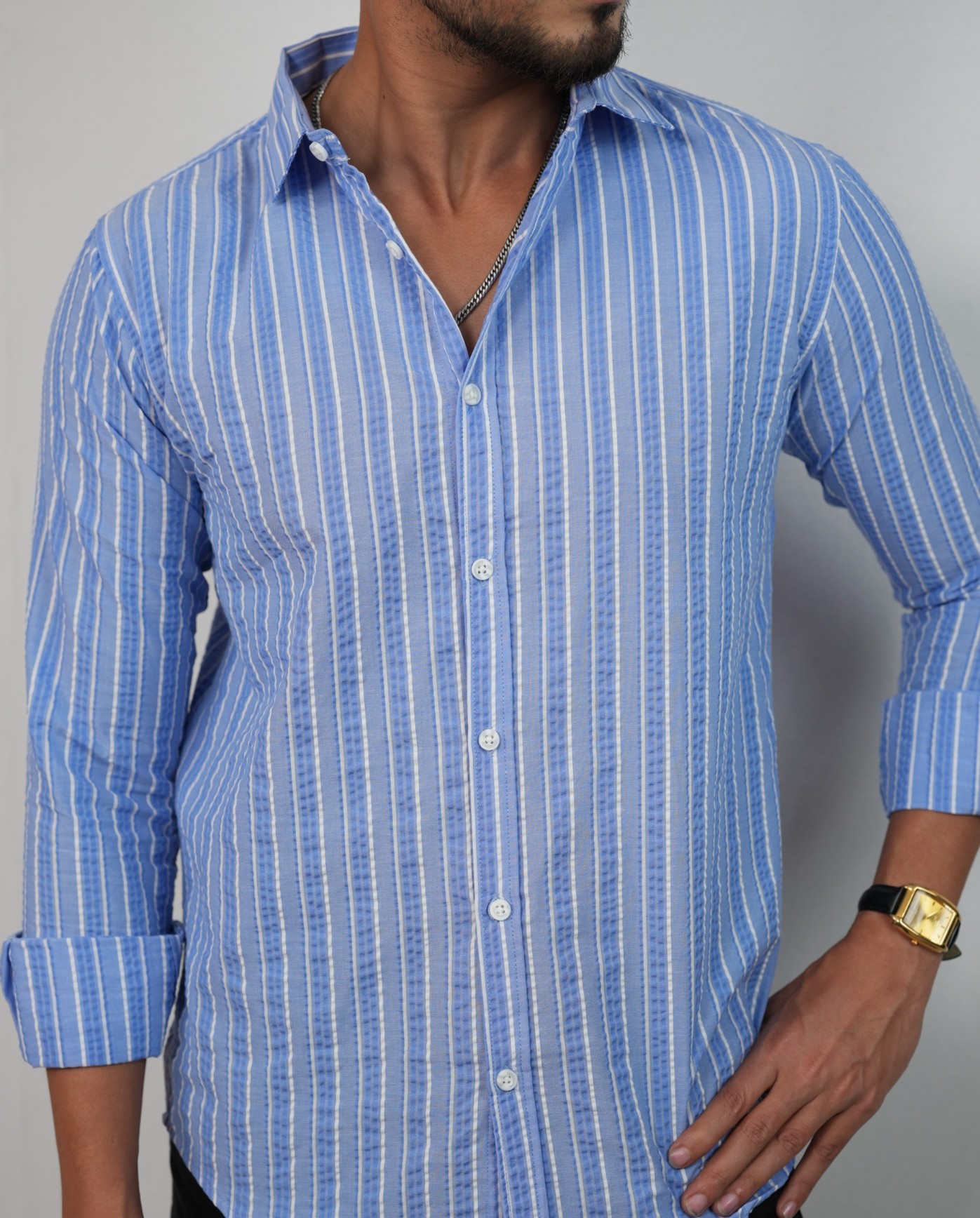 Azure Blue-Maya Blue with White Stripes Seersucker Shirt
