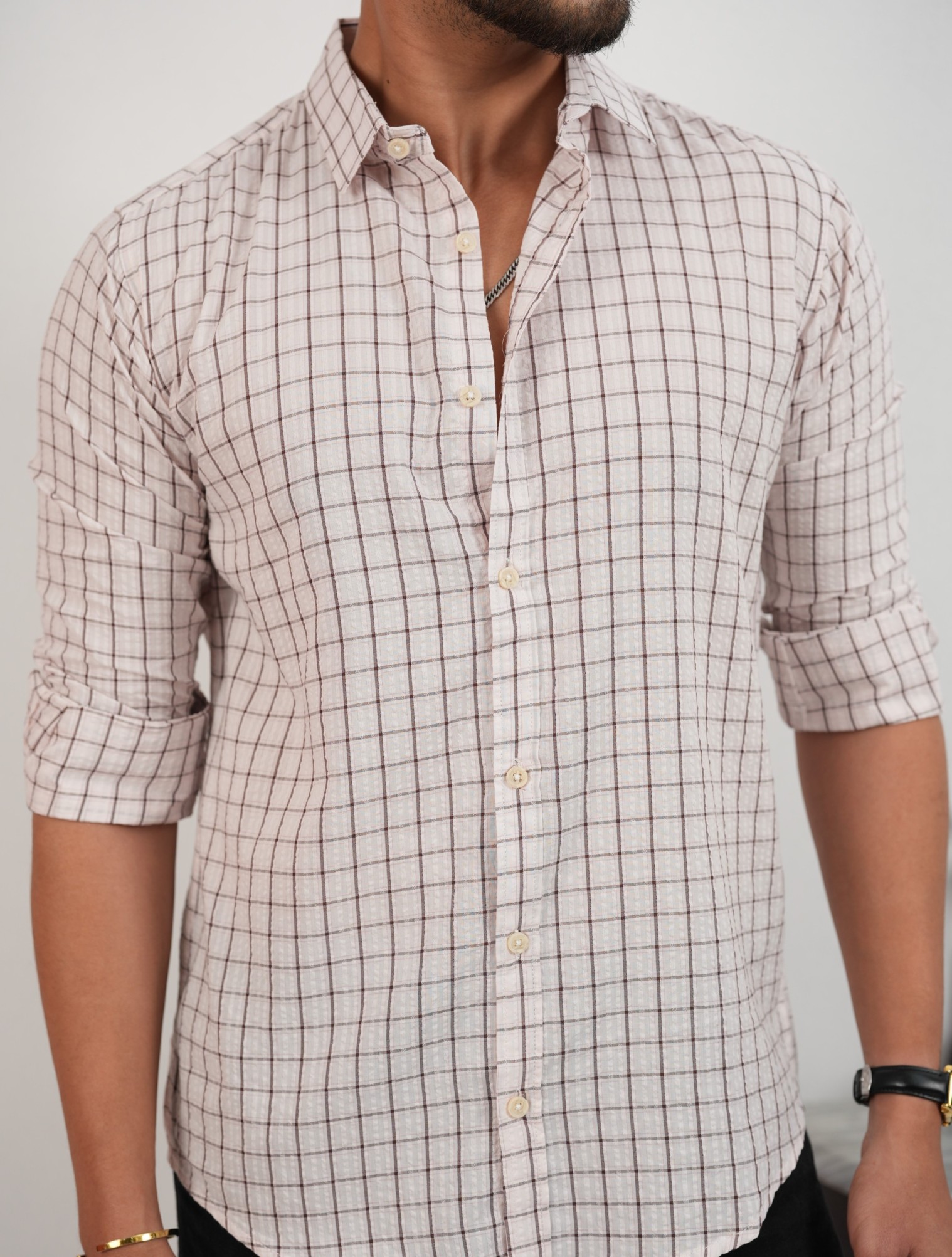 Pale pink White & Brown Plaid Seersucker Shirt