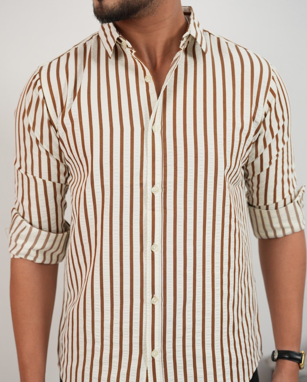 Off White with Brown Stripes Seersucker Shirt