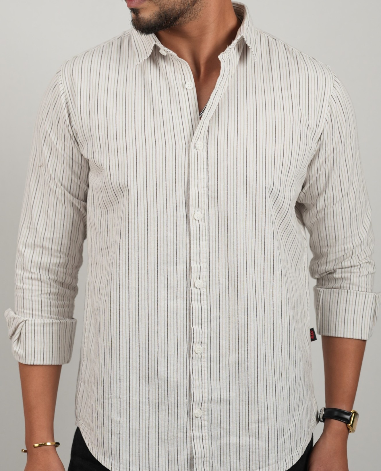 Off White With Black-Pale Green-Light Brown Stripes Shirt